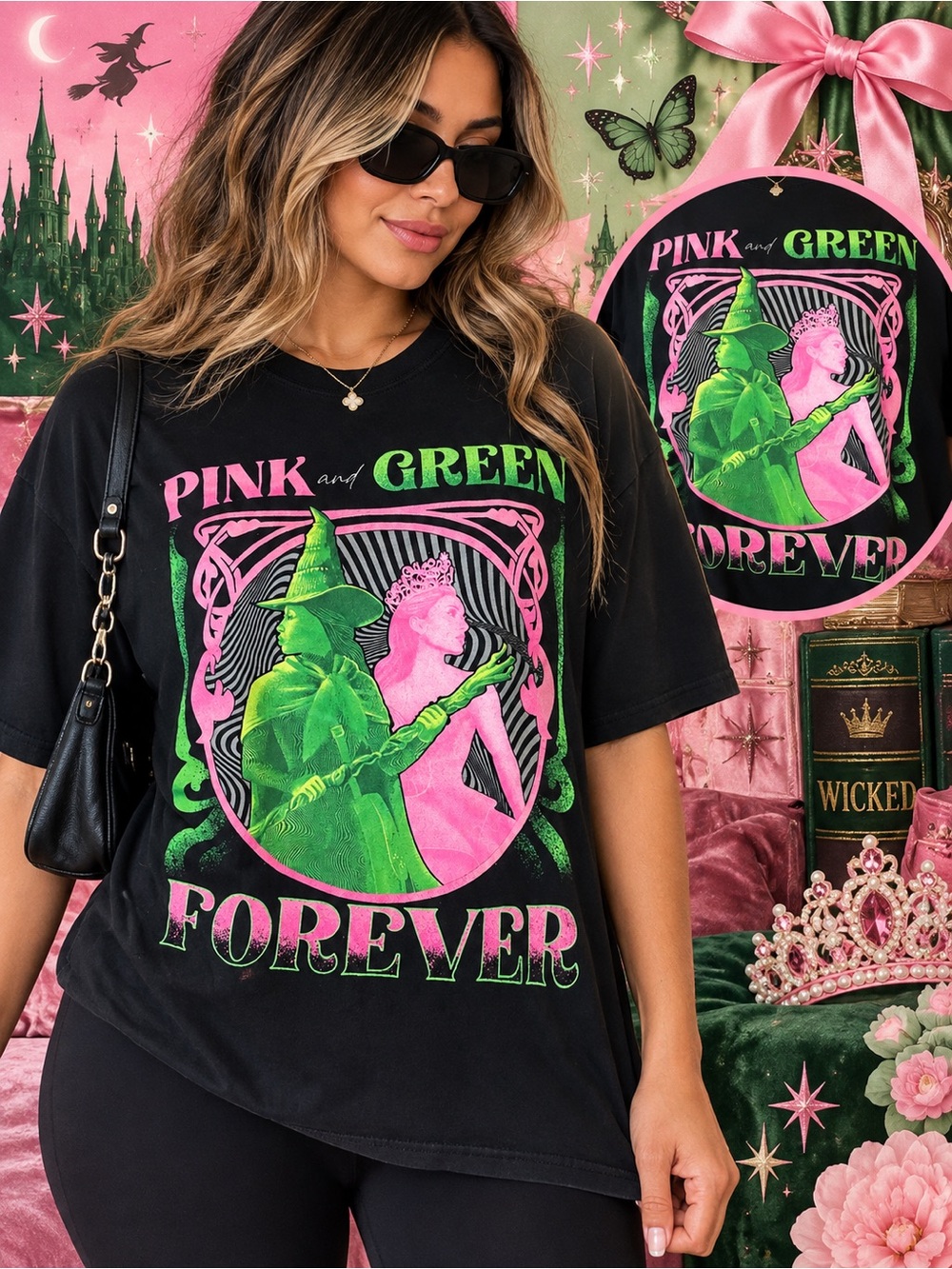 Wicked Pink & Green Forever Elphaba Glinda Black Graphic T-Shirt L